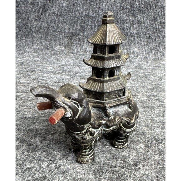 Vtg Elephant Figurine With Pagoda Holder/Lid 7in Tall Incense - Picture 1 of 7